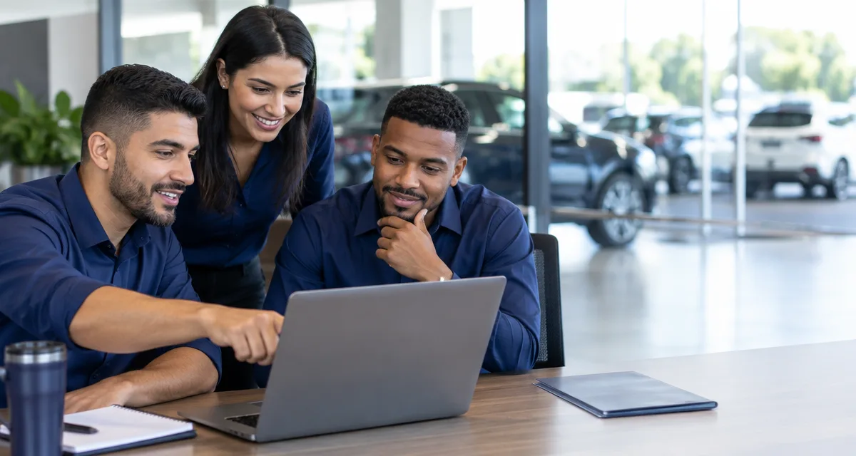 Equipe de três vendedores de loja de carros organizando a distribuição de leads em um notebook