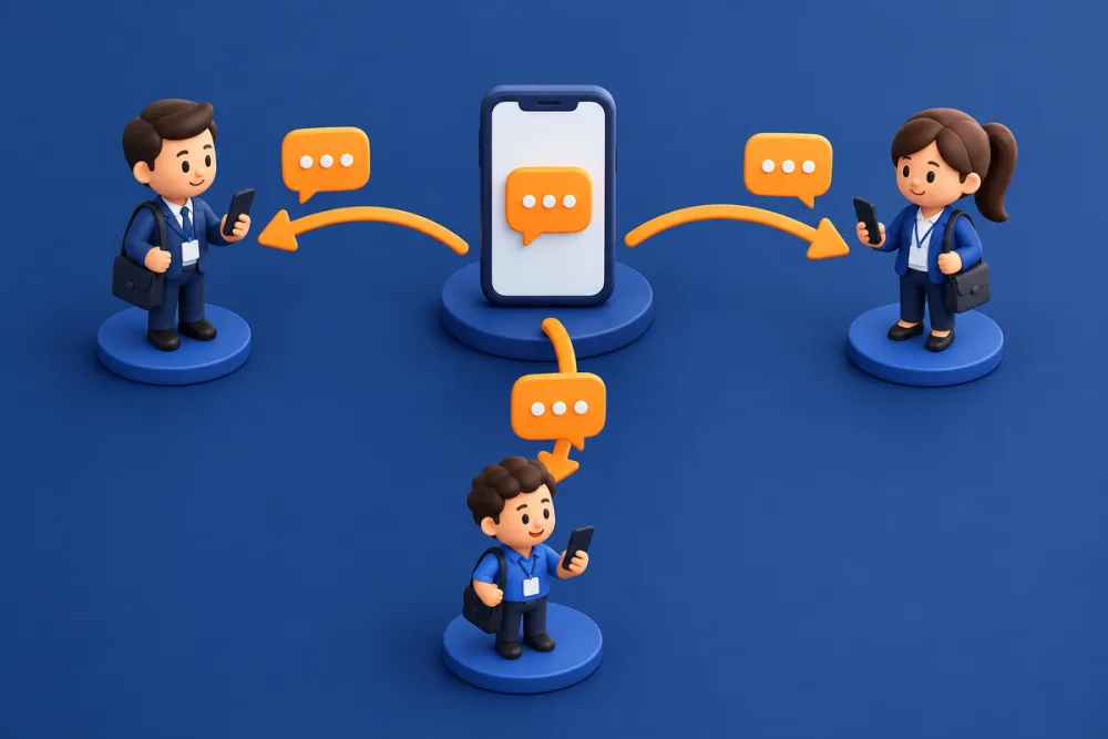 Ilustração de celular distribuindo mensagens de clientes entre três vendedores em rodízio