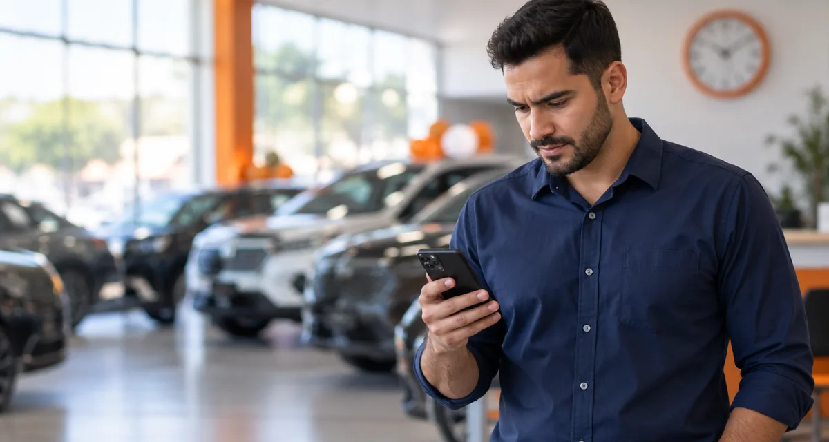 Vendedor de loja de carros respondendo mensagem de WhatsApp no celular ao lado de um veículo