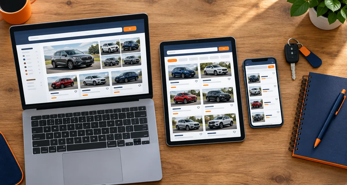 Notebook, tablet e celular mostrando sites de anúncio de carros para comparar onde anunciar